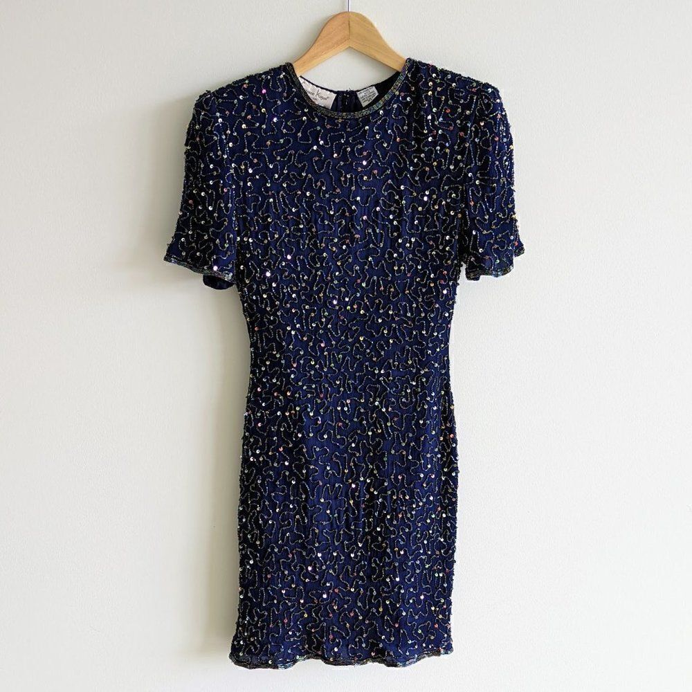 Laurence Kazar Silk Sequin Beaded Women's Mini Dress Vintage 1980s PS Pure Silk